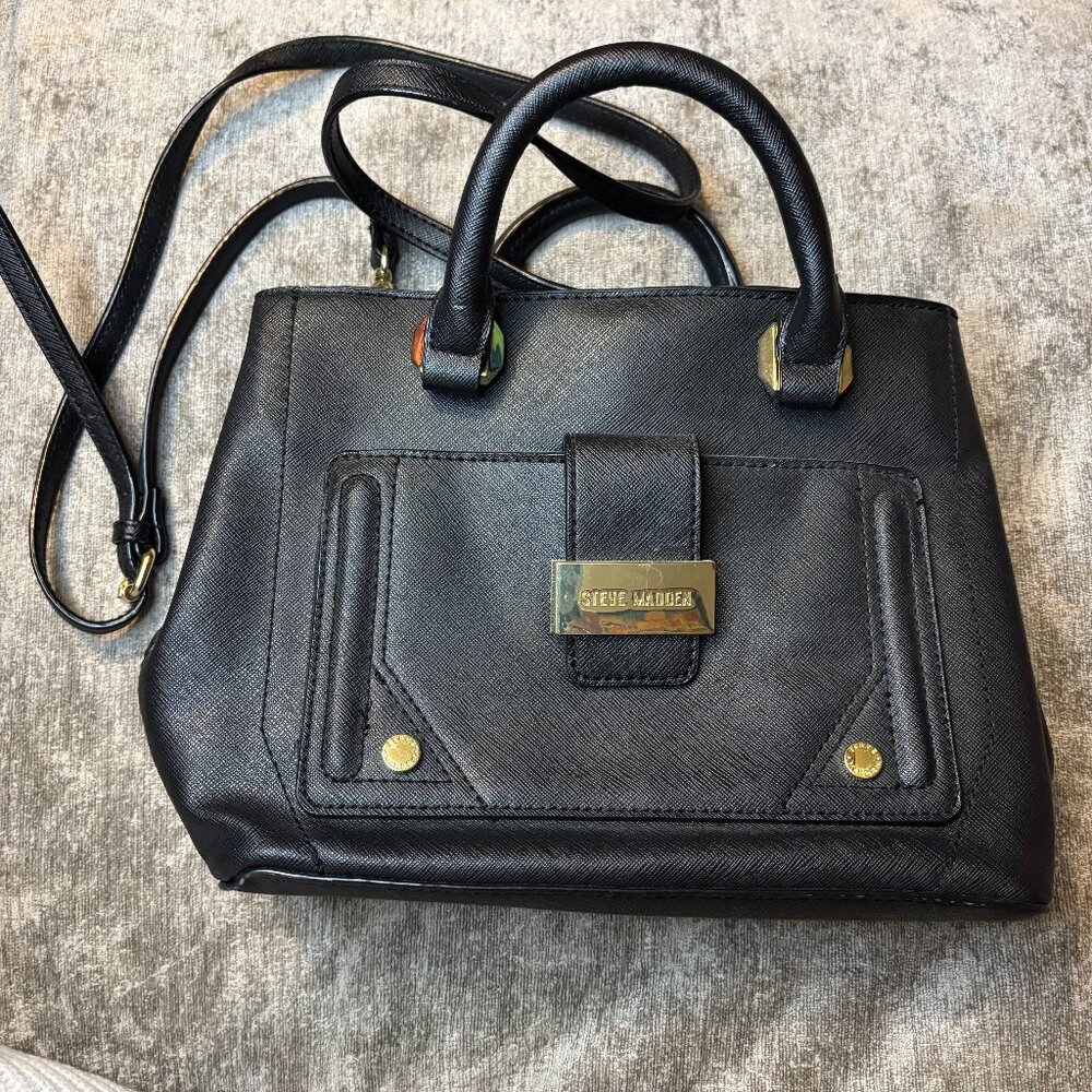 Steve Madden Black Handbag Purse w/ Gold Trim and cross-body strap
